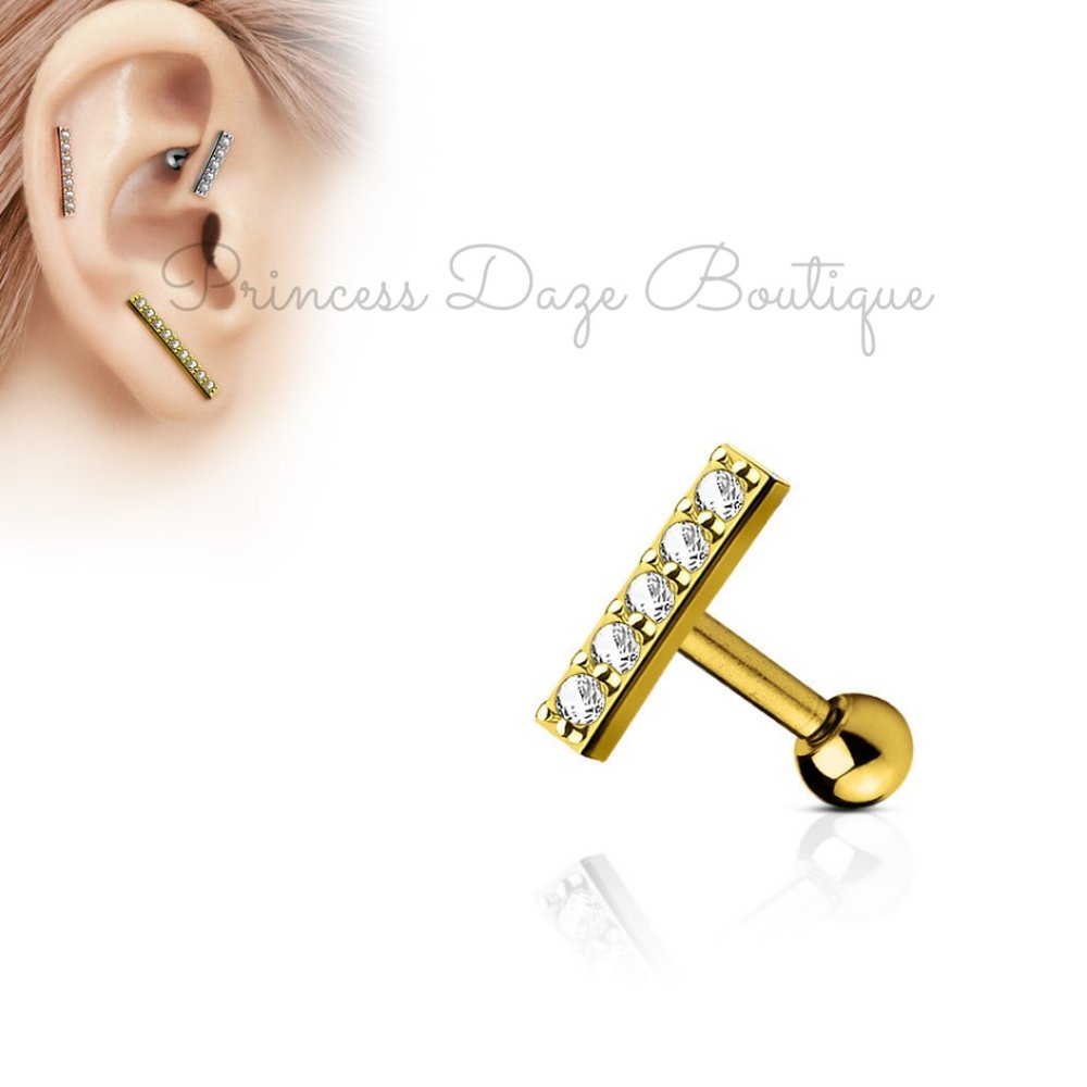 Gold CZ Lined 9mm Long Bar Top Cartilage / Tragus Barbell Stud Earring